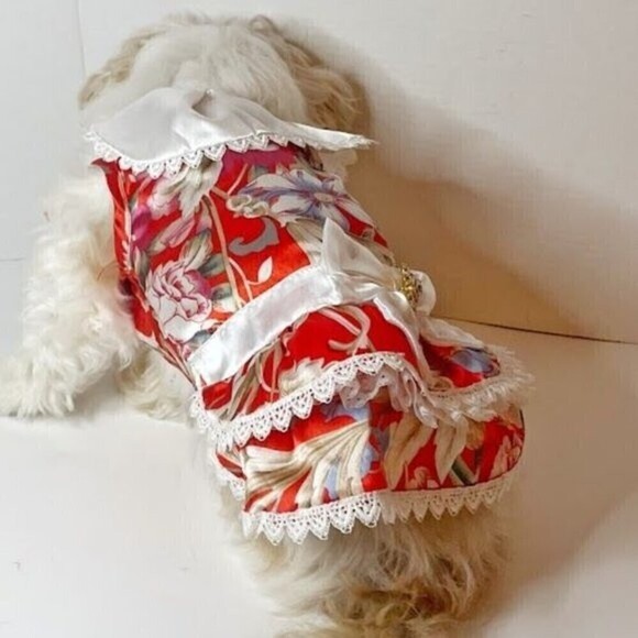 Small Dog Floral Party Wedding Lace Peter Pan Collar Tiered Tulle Dress with Bow - Picture 5 of 10